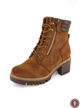Women's Cushionaire brand Cognac Lace-Up Suede Ankle Boot with Side Zip
